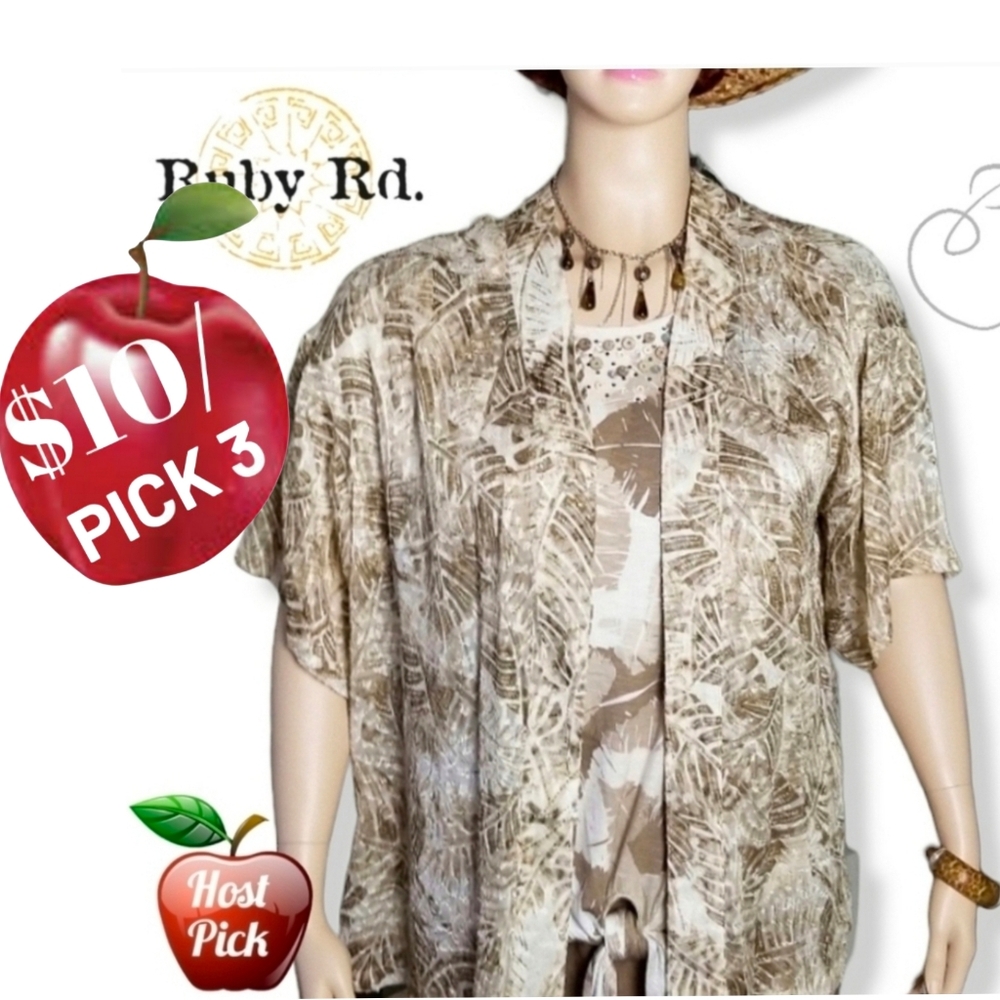 RUBY RD BURNOUT LEAF PRINT OPEN KIMONO SZ 1X